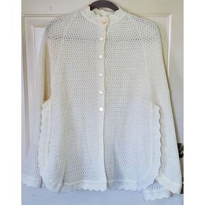 Vtg 60's Americana Knit‎ Button Up Cape Poncho Ivory Arm Slits Scallop Trim Edge